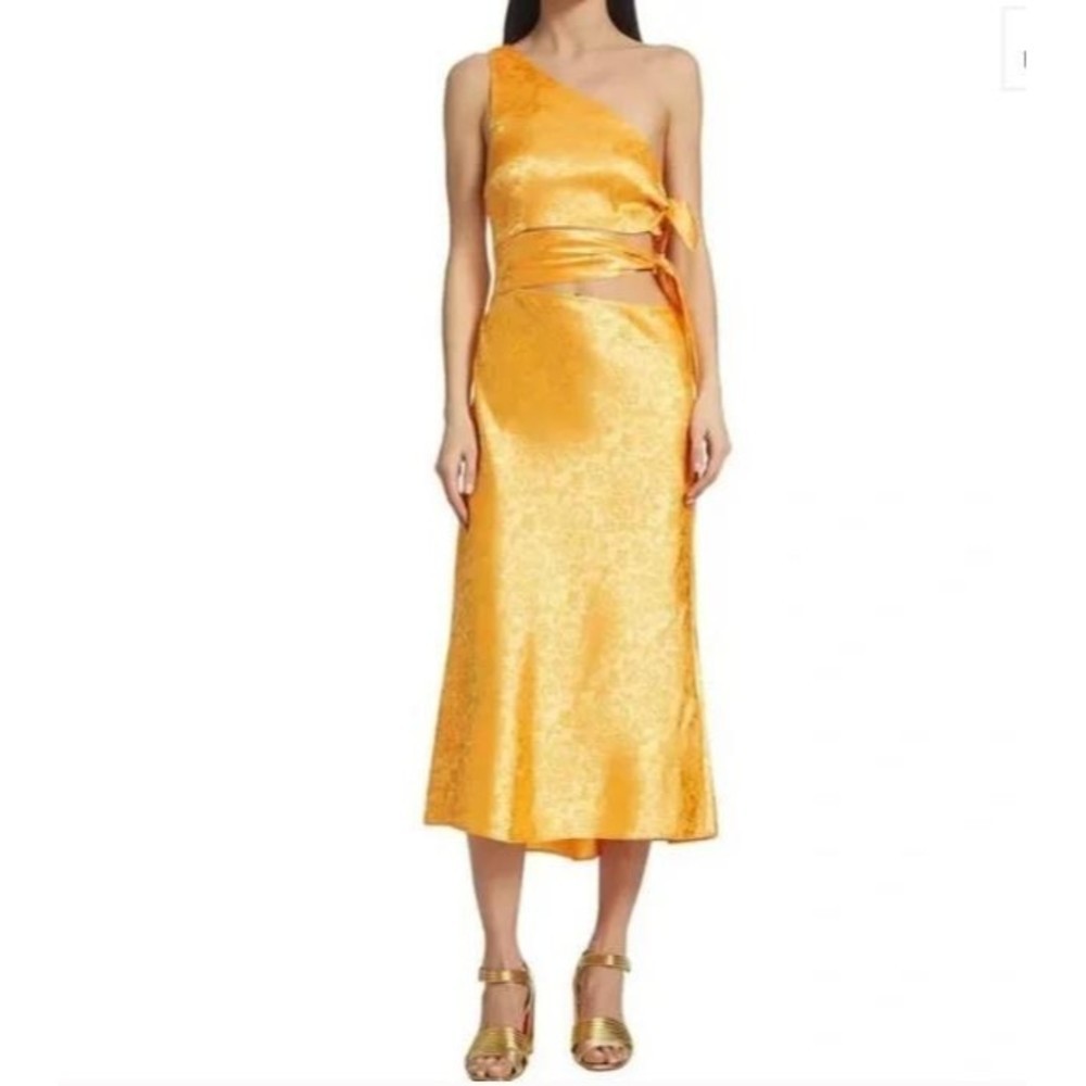 NEW WAYF Floral one shoulder Satin Cut-Out Midi-Dress - Cantaloupe Orange Size S
